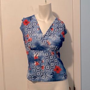 Blue Floral Cap Sleeve Wrap Style Top
